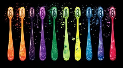 Vibrant toothbrush collection display studio setting product photography colorful environment close-up view dental care concept
