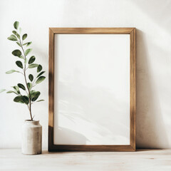 wooden frame mockup stands on light wooden surface against white wall, accompanied by ceramic vase with green leaves, creating minimalist and natural aesthetic
