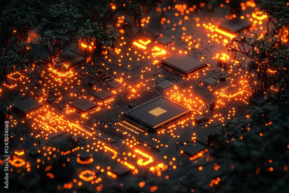 Poster a futuristic abstract hi-tech background in orange, featuring electrical chains that symbolize digit