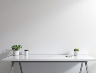 Simple desk setup against a bright white wall, desk in white wall, office furniture, workspace setup, studious atmosphere, clean desk