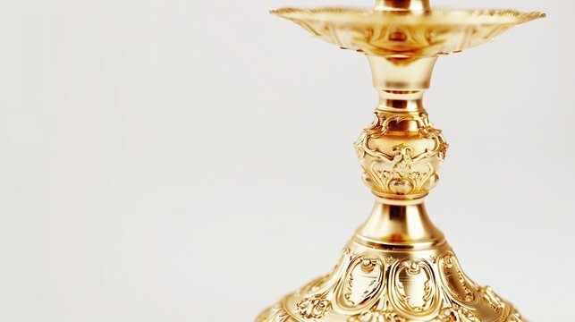 A high-resolution image of a single golden candlestick, with intricate detailing and a glossy finish, isolated on a clean white background, highlighting its luxurious appearance.