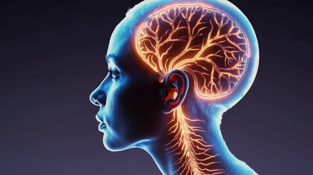 a surreal profile of a woman with a glowing translucent head filled with branching neural patterns in warm orange tones.