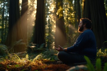 Mindfulness in Redwood Forest: A Man Meditates in Sunlight