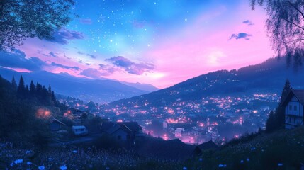 A serene twilight landscape with a vibrant sky over a quaint village.