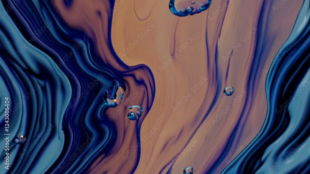 Poster a fluid, abstract landscape with flowing waves in deep blue and warm orange.