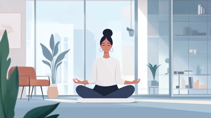 A professional woman balancing career and wellness, taking a break for meditation in a modern office, mental health awareness in the workplace