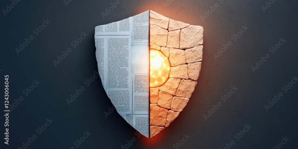 Poster law restriction policy resources concept. shield design combining paper and stone with a glowing cen