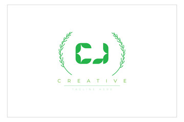 CJ letters eco logo with leaf. Fresh nature and healthy leaf logo design.