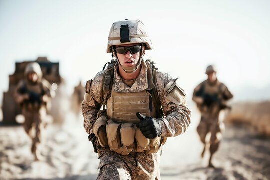 Soldiers participate in a training exercise, showcasing teamwork and coordination in a sandy, arid landscape during daylight hours