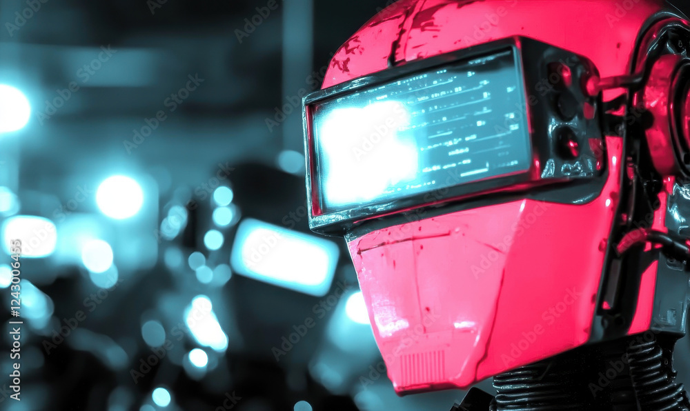 Poster futuristic robot helmet with glowing neon screen in a cybernetic world of advanced technology and in