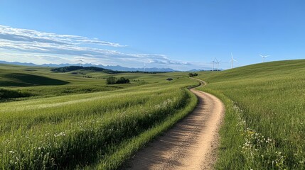 Obraz premium Serene Countryside Road Winding Through Lush Green Fields