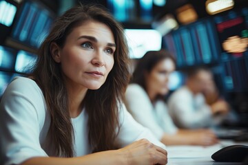Fototapeta premium Focused traders analyze stock market trends and fluctuations in a busy trading room, utilizing large screens for data
