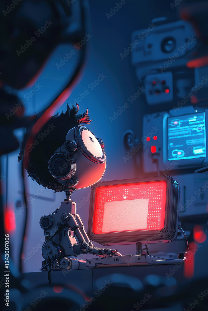 Poster futuristic robot engaging with high-tech computer interface in cybernetic environment with neon red 
