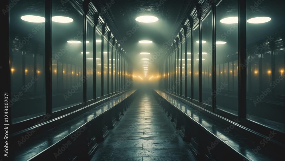 Poster dimly lit corridor with reflective surfaces creating a mysterious atmosphere in an underground locat