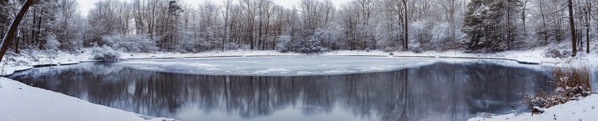 Winter landscape featuring a frozen pond in a snowy forest