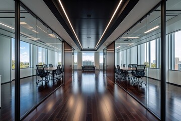 Fototapeta premium Luxury Modern Meeting Suite with Ebony Wood Flooring and Glass Partitions in Expansive Business Office