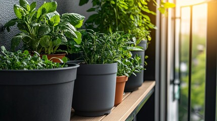 A small balcony garden filled with potted herbs and vegetables, urban gardening, self-sufficiency, eco-friendly living, lush greenery, compact space, serene atmosphere, lifestyle photography,