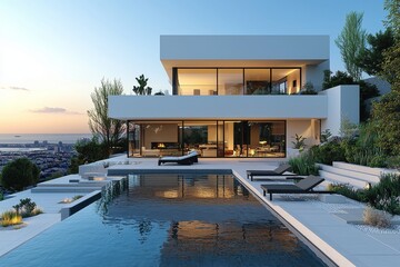 Fototapeta premium A hi-tech style house exterior with designer panoramic windows and a swimming pool, created using generative AI