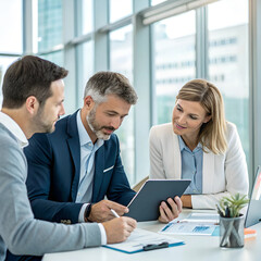 A business meeting in an upscale African office space, where financial advisors are analyzing a company's online revenue and equity research. A tablet with real-time stock market data is at the center