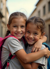Fototapeta premium Illustration of a happy little boy hugging his best friend, Sibling love