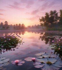 Obraz premium Softly glowing sunset over a tranquil lake with water lilies and soft pink hues gradually shifting to lavender, tranquil scene , calming