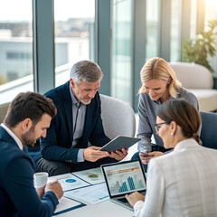 A business meeting in an upscale African office space, where financial advisors are analyzing a company's online revenue and equity research. A tablet with real-time stock market data is at the center