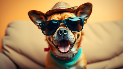 A comical image of a dog wearing oversized sunglasses and a quirky hat, sitting on a couch with a playful expression. Generative AI