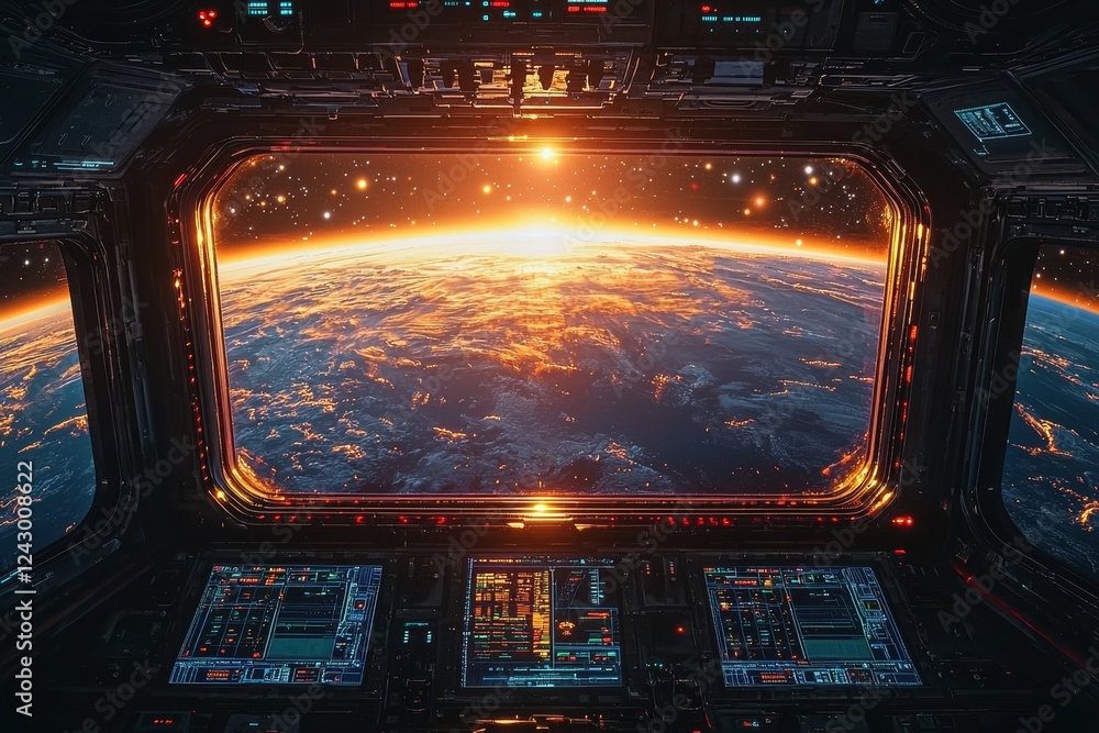 Poster outer view of a spaceship window alongside the control system room, showcasing the abstract discover