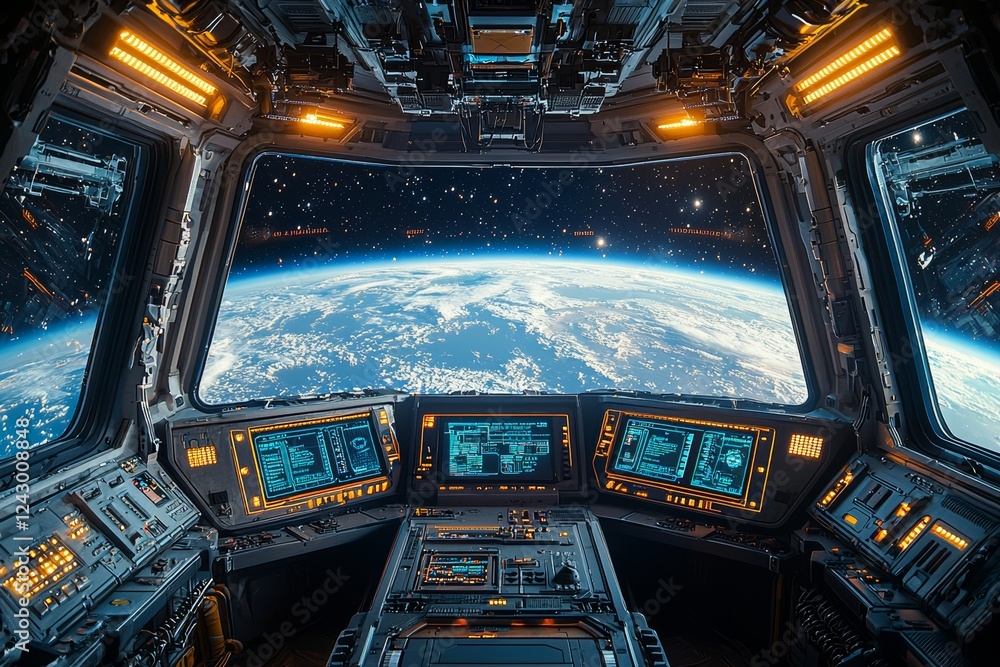 Poster a glimpse through the spaceship window reveals the control system room, highlighting the exploration