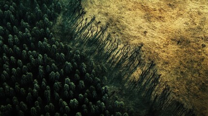 Deforestation and urban decay in a post-apocalyptic landscape with smoking buildings and heavy machinery at work during a hazy sunset