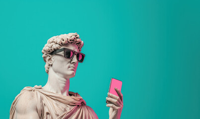 Fototapeta premium Classic Statue Meets Modern Technology: A Creative Fusion of Iconic Art and Contemporary Lifestyle with a Touch of Humor