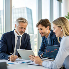 A business meeting in an upscale African office space, where financial advisors are analyzing a company's online revenue and equity research. A tablet with real-time stock market data is at the center