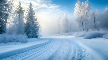 Naklejka premium Winter Road winds Through Snowy Forest