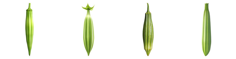Fresh okra isolated on transparent background, PNG, Set of