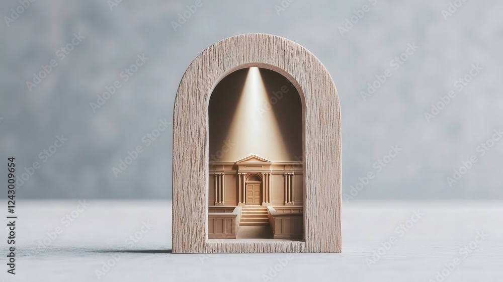 Poster law restriction policy resources concept. miniature architectural design with illuminated details in