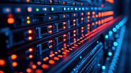 Close-up view of illuminated server racks showcasing technology in a data center environment (2)