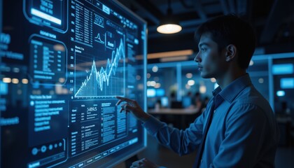 Young Professional Analyzing Data Trends on Digital Screen at Night