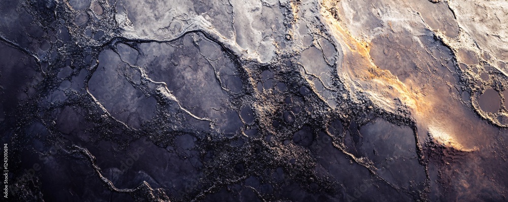 Aufkleber Abstract black and gold texture with sparkling inclusions resembling lava flowing from volcano