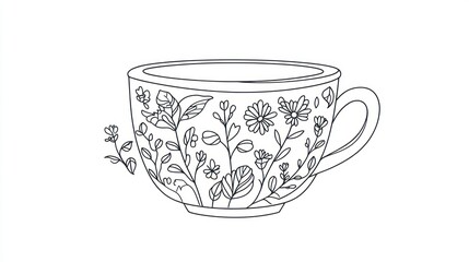 Floral teacup, line art, white background, calming, for cards