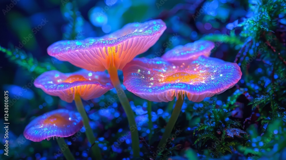 Poster in the twilight of a lush forest, bioluminescent mushrooms cast a magical glow. surrounded by verdan