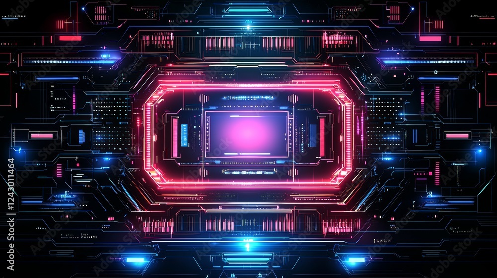 Poster a cyberpunk electronic monitor dashboard with neon lights and a virtual interface element, integrate