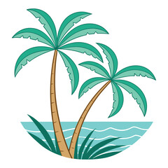 a tropical island scene with palm trees and an ocean backdrop