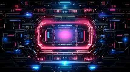 A cyberpunk electronic monitor dashboard with neon lights and a virtual interface element, integrated into an abstract tech UI and digital game border panel, displayed within a futuristic spaceship