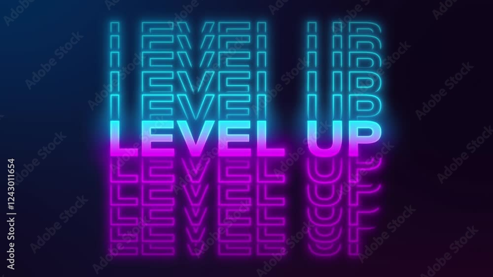 Poster video animation of level up title animation in neon blue and neon magenta on a dark background - sea