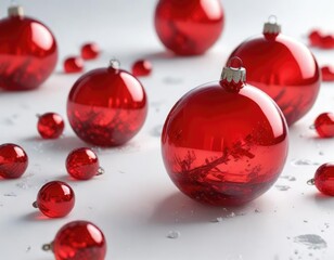 Red glass ornament fragments scattered on a snowy white background, winter ruin , festive shatter