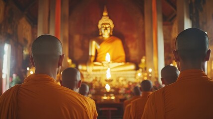 Naklejka premium Close-up of monks in saffron robes during an Uposatha Day service, with a golden Buddha statue glowing softly in the background