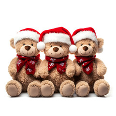 three teddy bears with Santa hats on white background