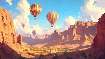 Naklejka premium Colorful hot air balloons gliding over dramatic red rock cliffs and valleys, capturing the beauty of the desert's natural wonders.