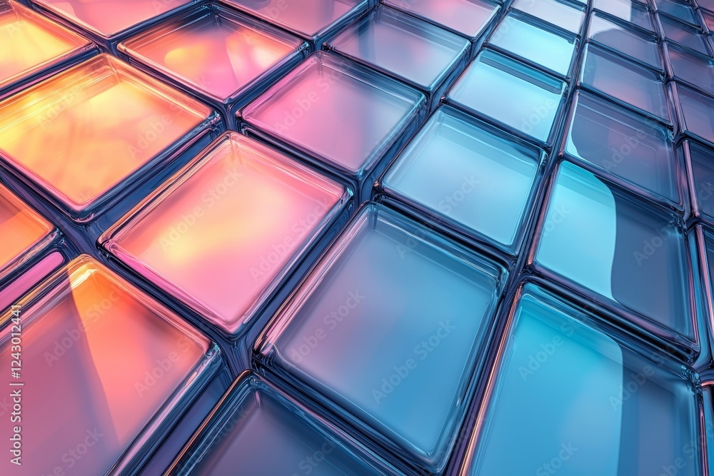 Aufkleber a horizontal image featuring transparent geometric blocks and layered elements on an abstract backgr