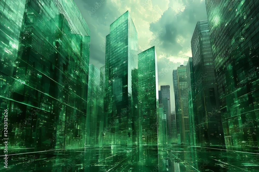 Poster a horizontal image featuring green geometric shapes and transparent layers with an abstract backgrou